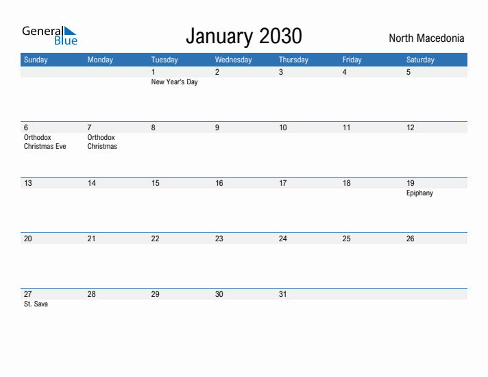 Fillable January 2030 Calendar
