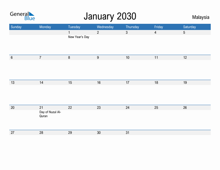 Fillable January 2030 Calendar
