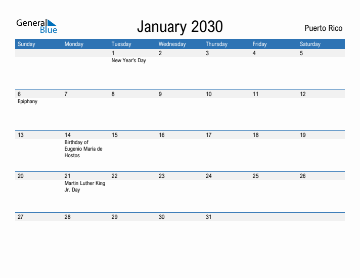 Fillable January 2030 Calendar
