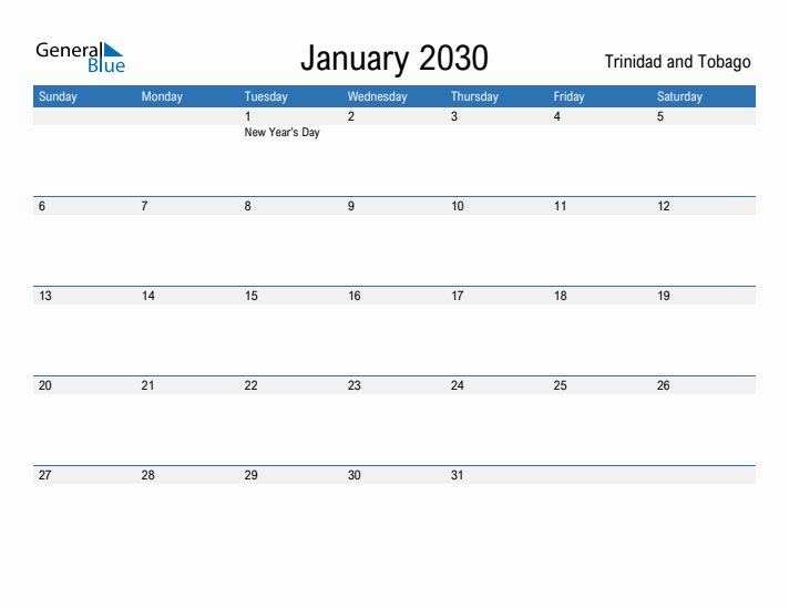 Fillable January 2030 Calendar