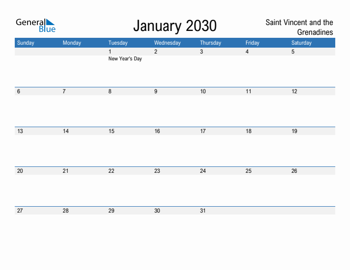 Fillable January 2030 Calendar