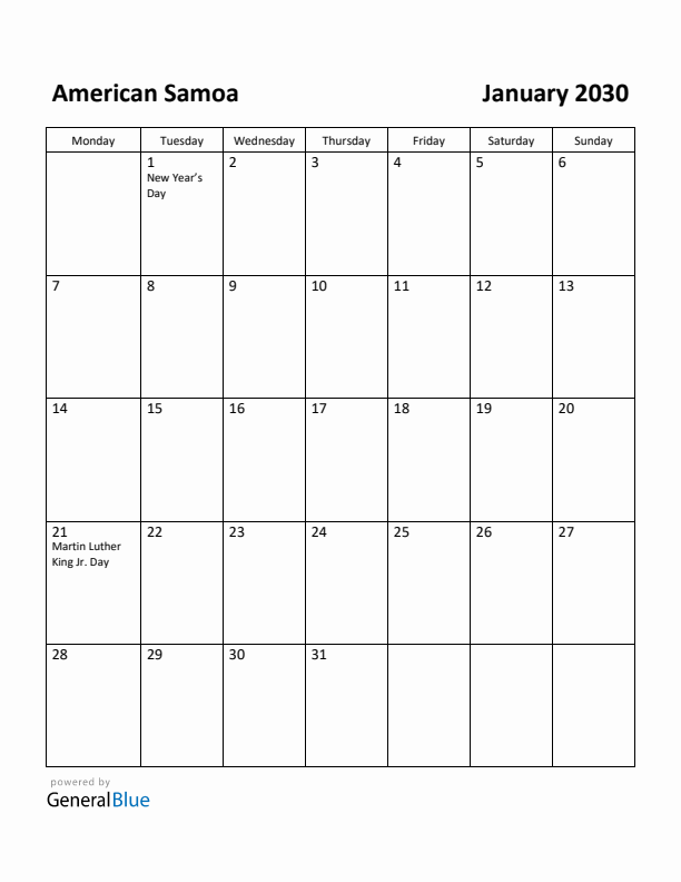 January 2030 Calendar with American Samoa Holidays