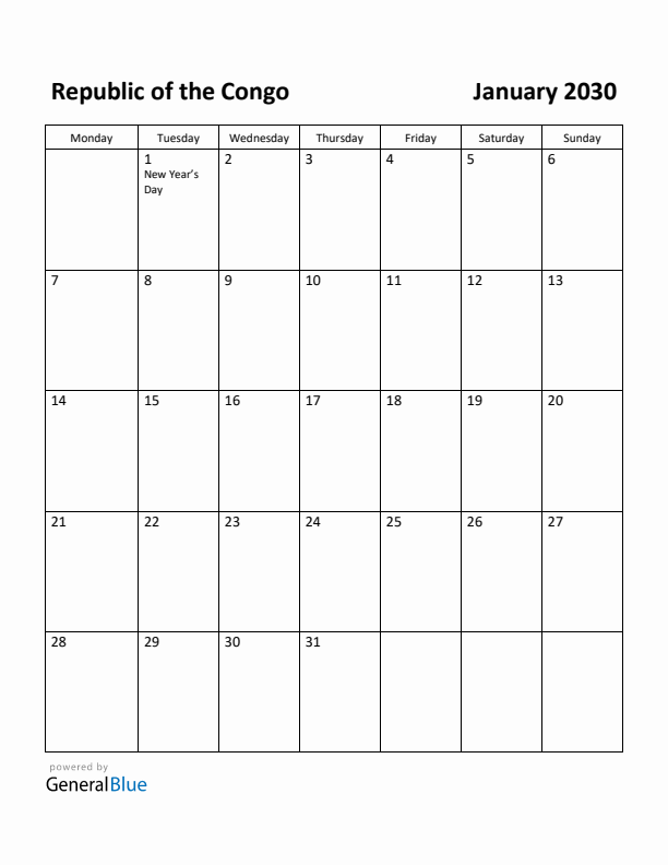 January 2030 Calendar with Republic of the Congo Holidays