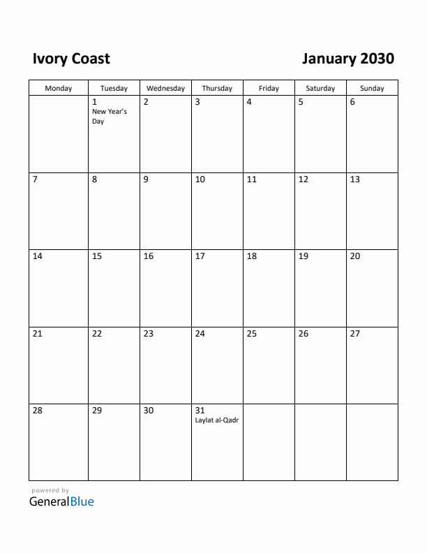 January 2030 Calendar with Ivory Coast Holidays