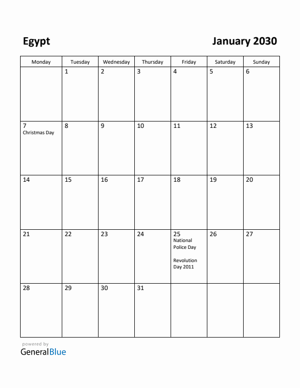 January 2030 Calendar with Egypt Holidays