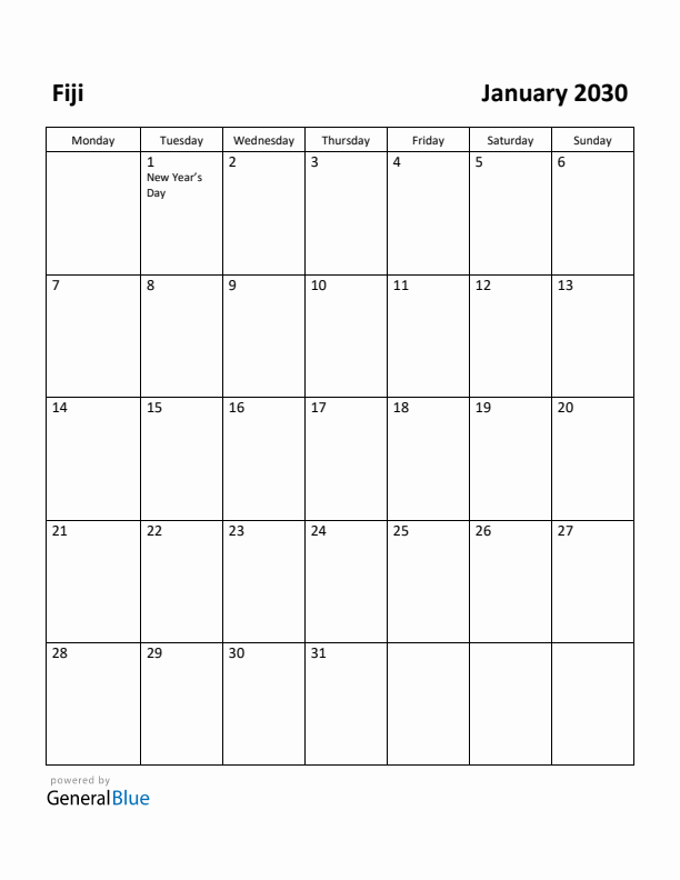 January 2030 Calendar with Fiji Holidays
