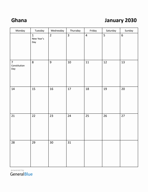January 2030 Calendar with Ghana Holidays