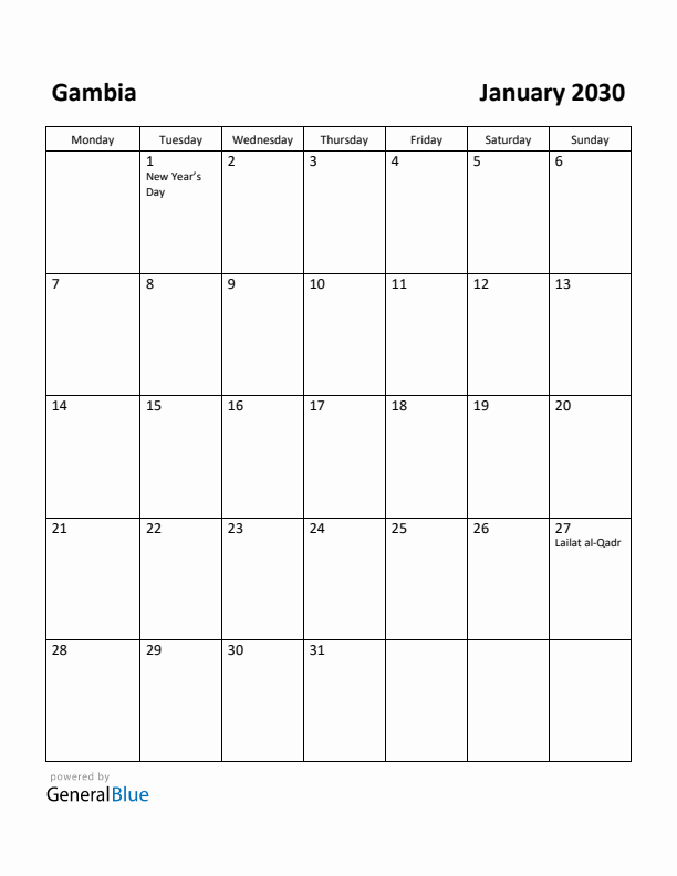 January 2030 Calendar with Gambia Holidays