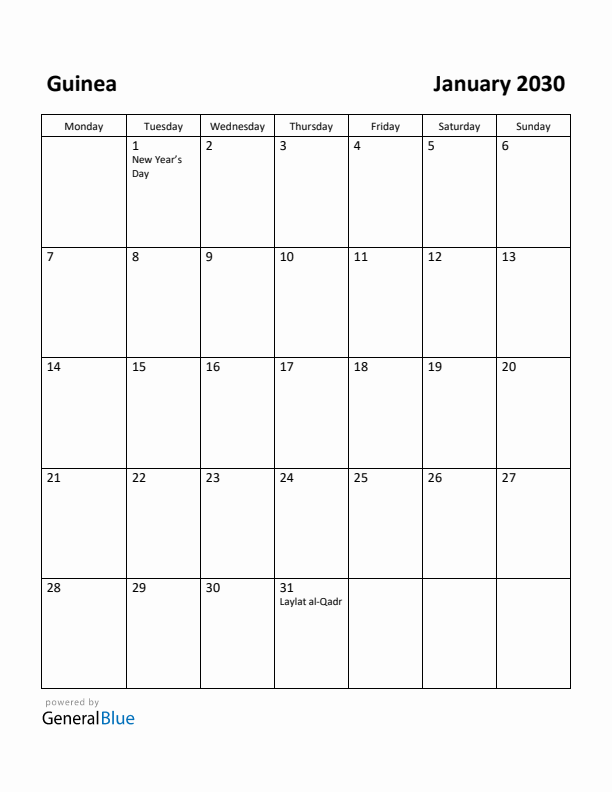 January 2030 Calendar with Guinea Holidays