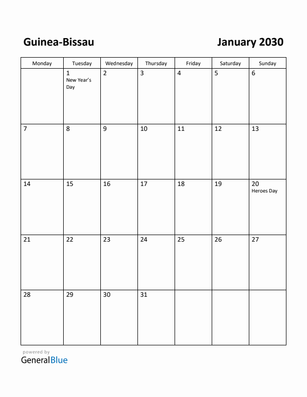 January 2030 Calendar with Guinea-Bissau Holidays