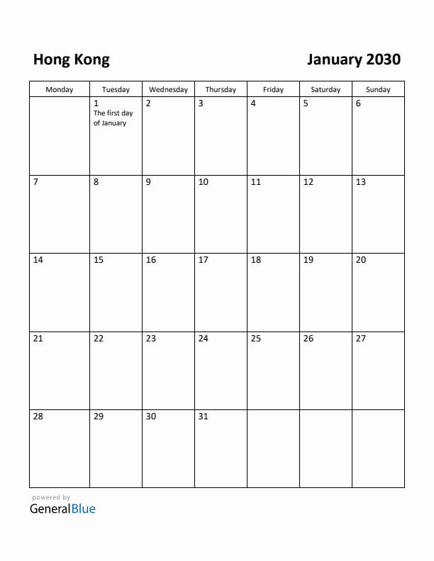 January 2030 Calendar with Hong Kong Holidays