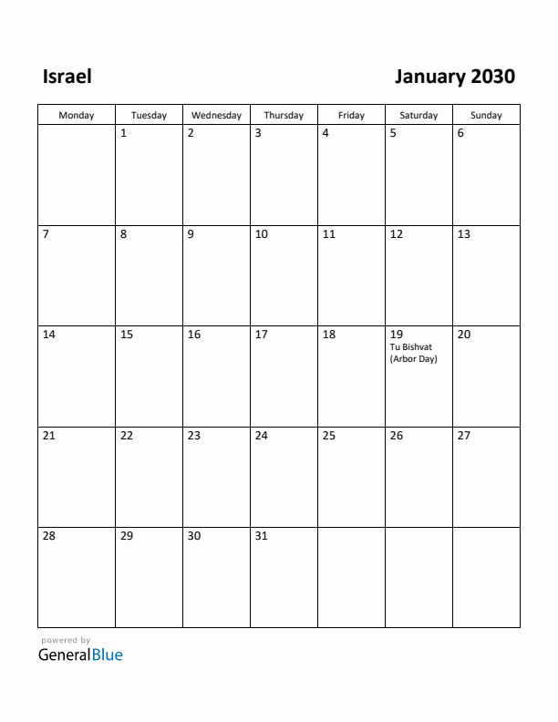 January 2030 Calendar with Israel Holidays