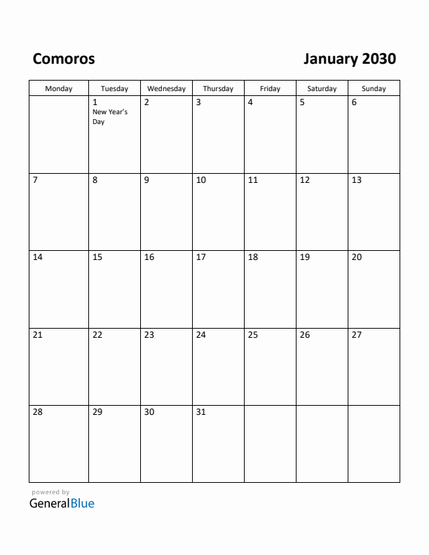 January 2030 Calendar with Comoros Holidays