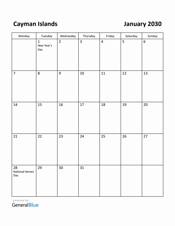 January 2030 Calendar with Cayman Islands Holidays