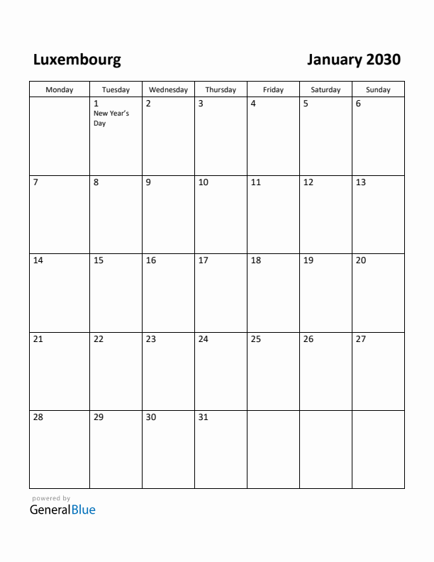 January 2030 Calendar with Luxembourg Holidays