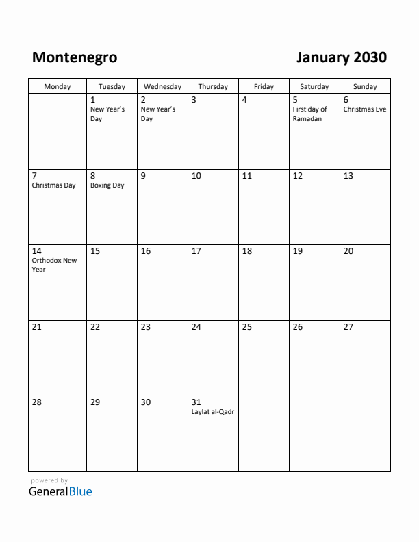 January 2030 Calendar with Montenegro Holidays