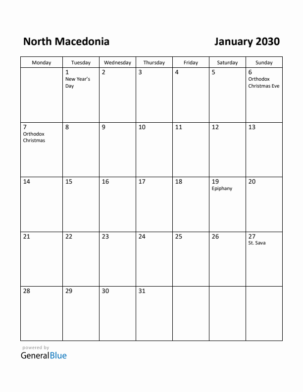 January 2030 Calendar with North Macedonia Holidays