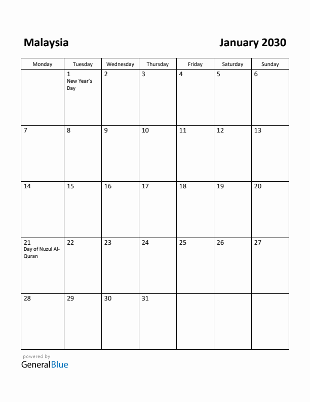 January 2030 Calendar with Malaysia Holidays