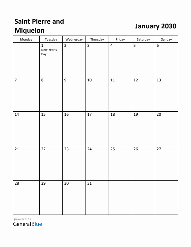 January 2030 Calendar with Saint Pierre and Miquelon Holidays