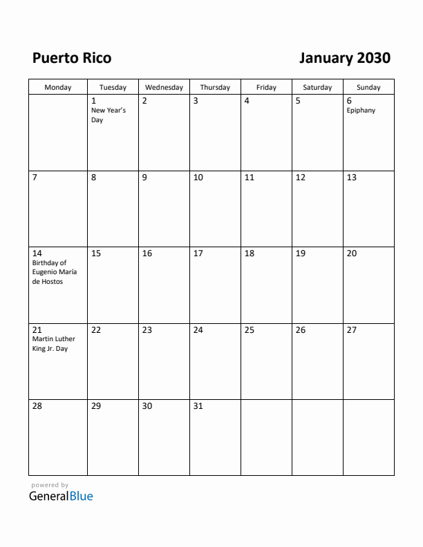 January 2030 Calendar with Puerto Rico Holidays