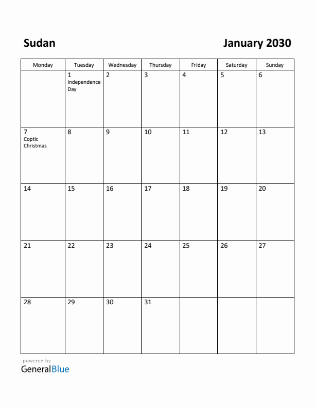 January 2030 Calendar with Sudan Holidays