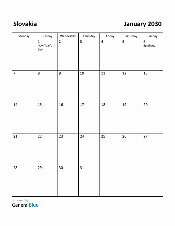 January 2030 Calendar with Slovakia Holidays