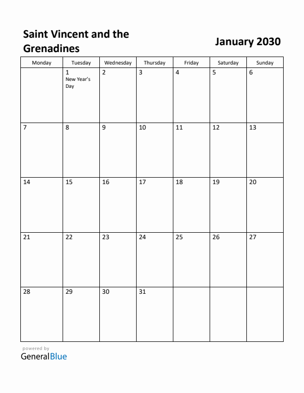 January 2030 Calendar with Saint Vincent and the Grenadines Holidays
