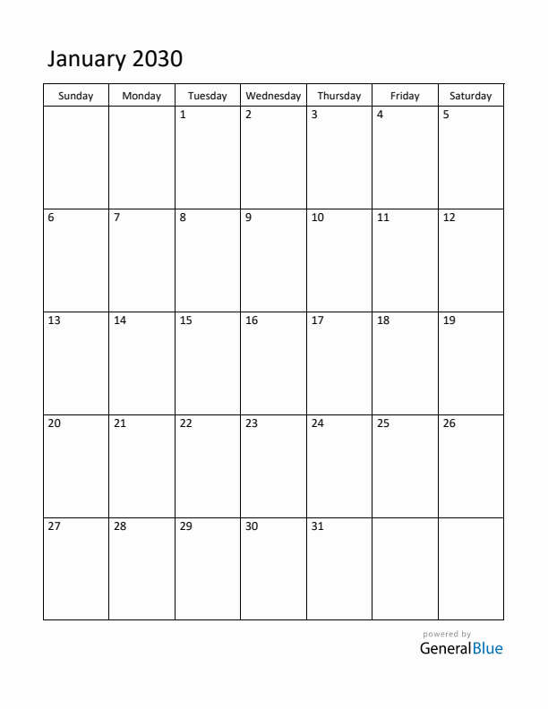 Sunday Start Calendar for January 2030