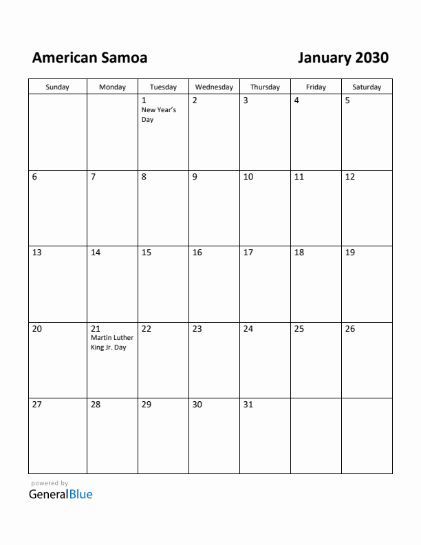 January 2030 Calendar with American Samoa Holidays