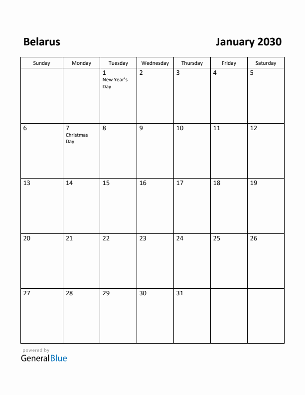 January 2030 Calendar with Belarus Holidays