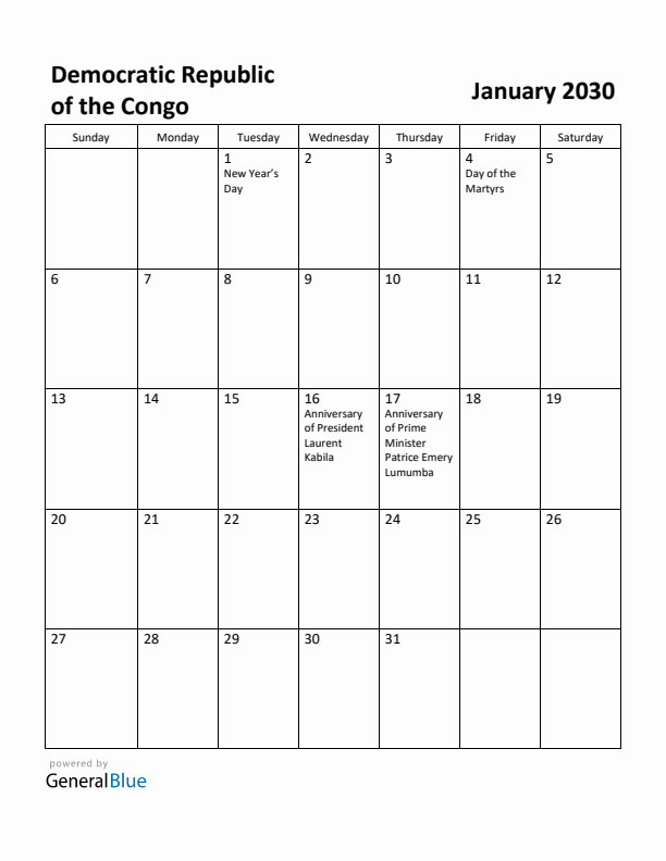 January 2030 Calendar with Democratic Republic of the Congo Holidays