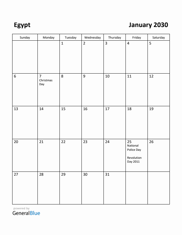 January 2030 Calendar with Egypt Holidays