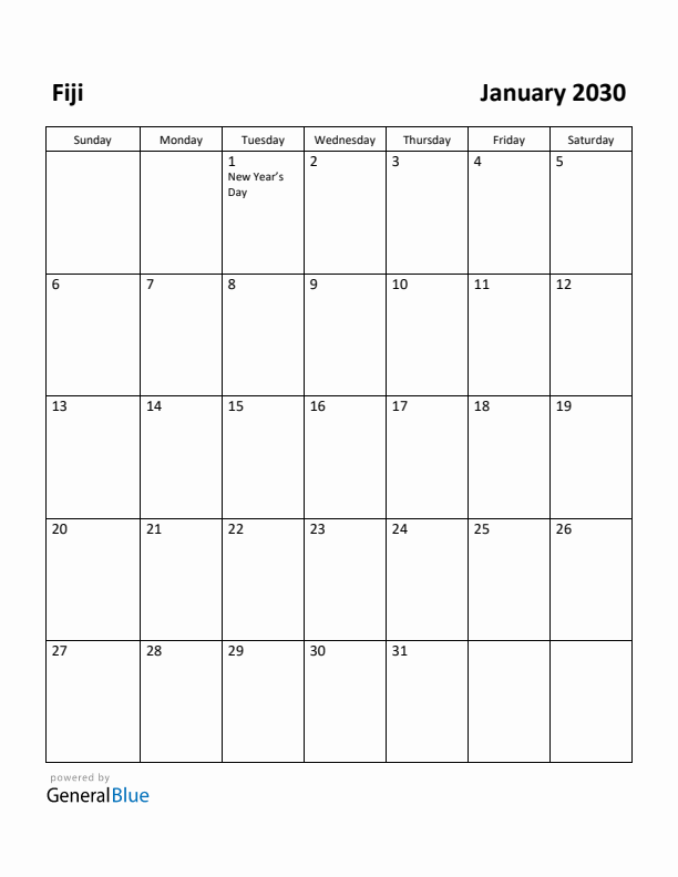 January 2030 Calendar with Fiji Holidays
