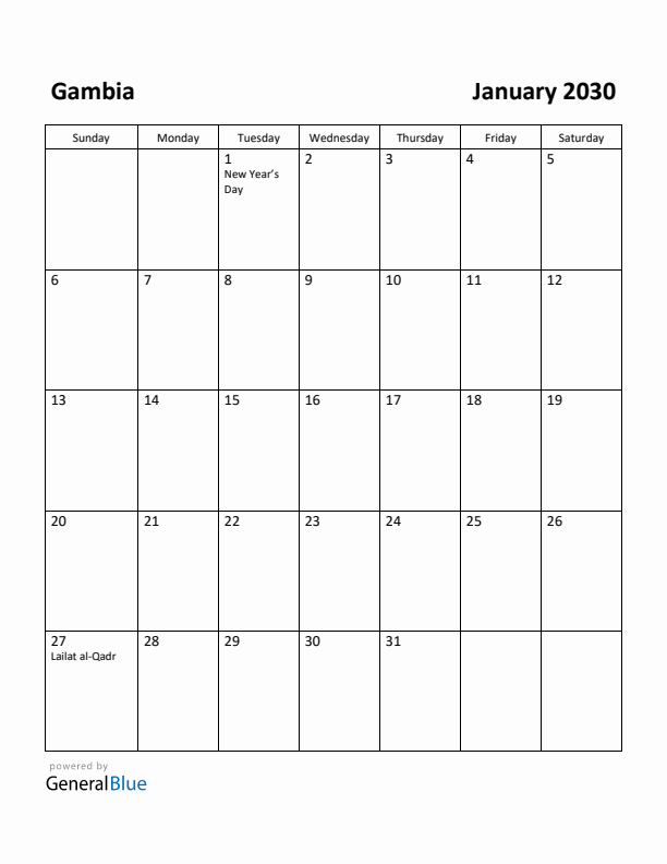 January 2030 Calendar with Gambia Holidays