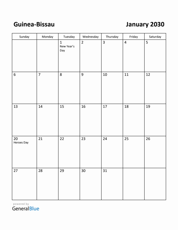 January 2030 Calendar with Guinea-Bissau Holidays