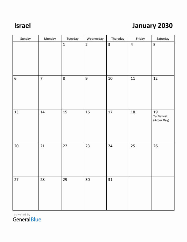 January 2030 Calendar with Israel Holidays