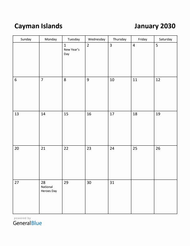 January 2030 Calendar with Cayman Islands Holidays