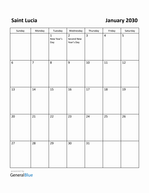 January 2030 Calendar with Saint Lucia Holidays