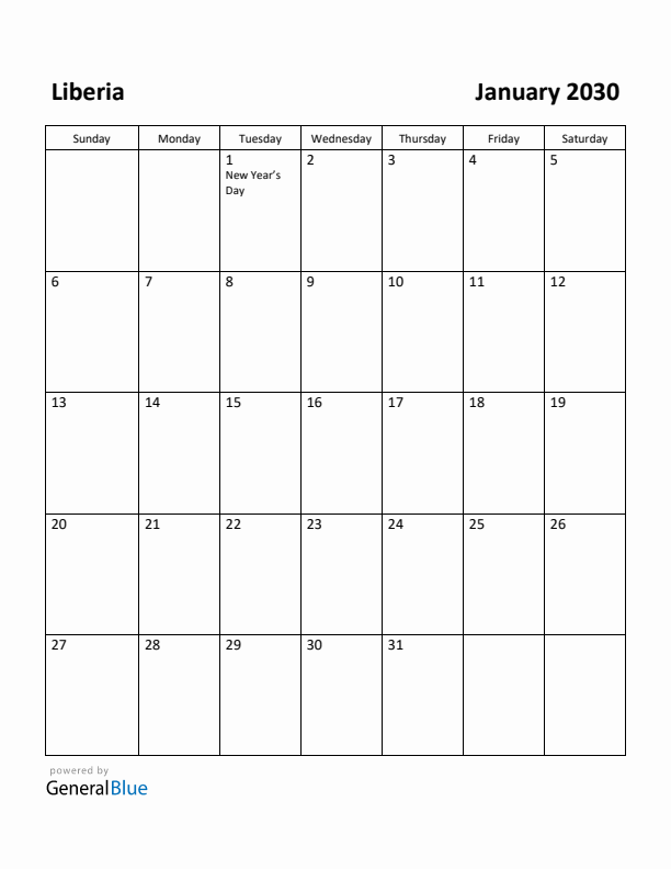 January 2030 Calendar with Liberia Holidays