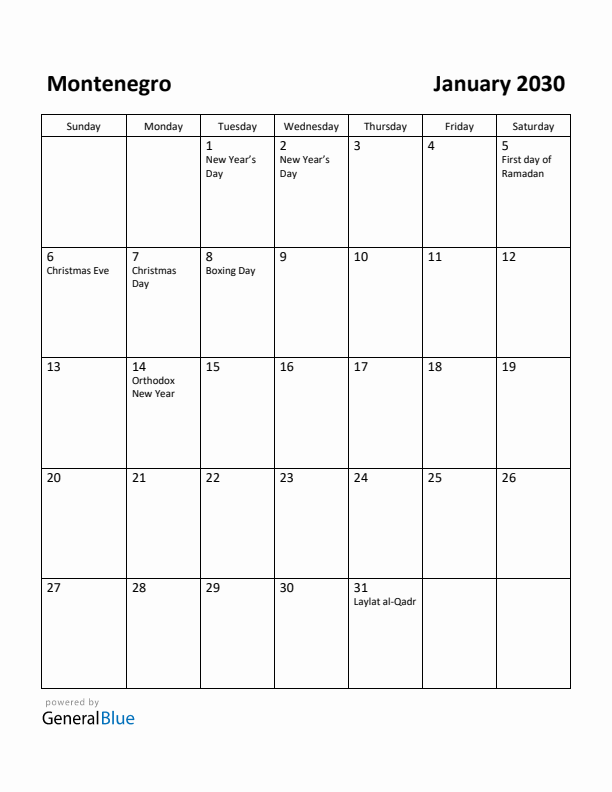 January 2030 Calendar with Montenegro Holidays
