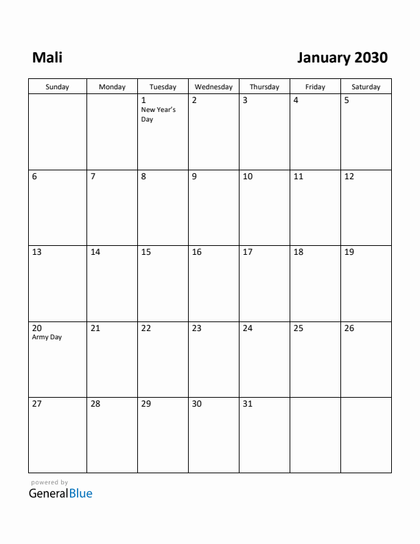January 2030 Calendar with Mali Holidays