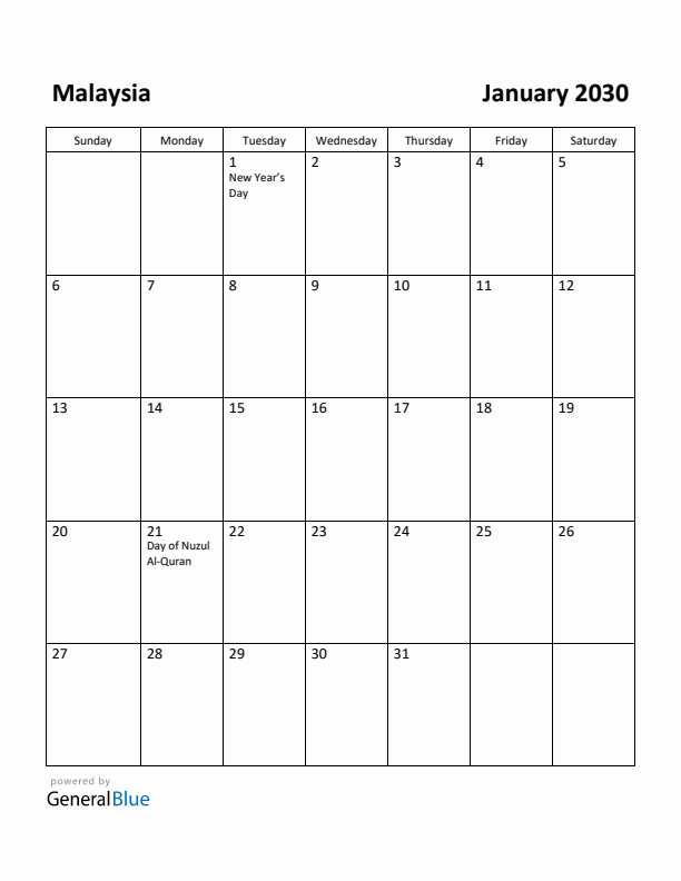 January 2030 Calendar with Malaysia Holidays