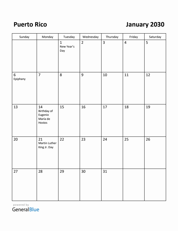 January 2030 Calendar with Puerto Rico Holidays