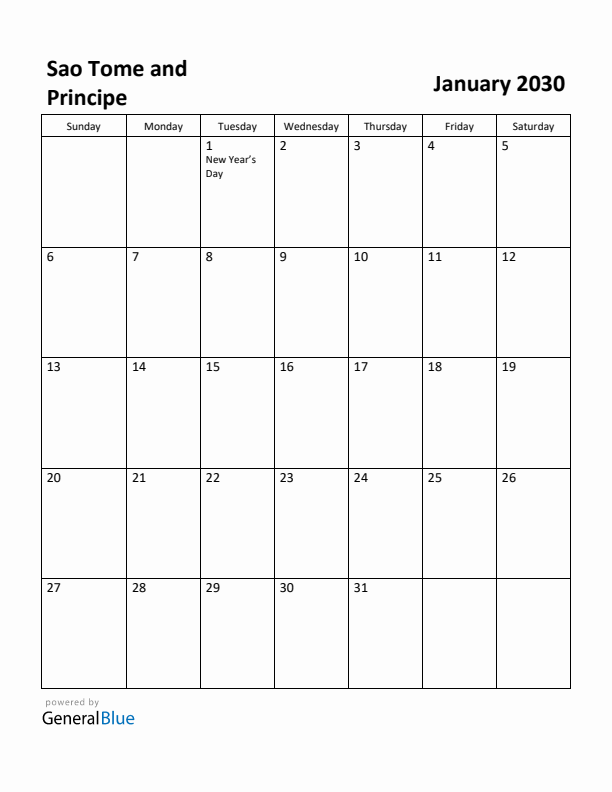 January 2030 Calendar with Sao Tome and Principe Holidays