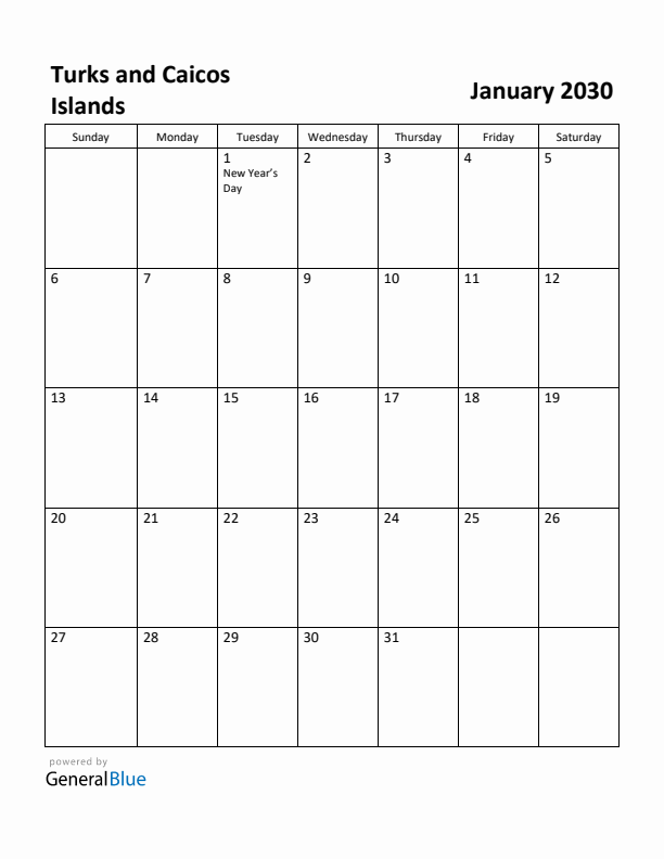 January 2030 Calendar with Turks and Caicos Islands Holidays