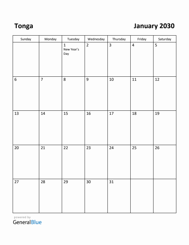 January 2030 Calendar with Tonga Holidays