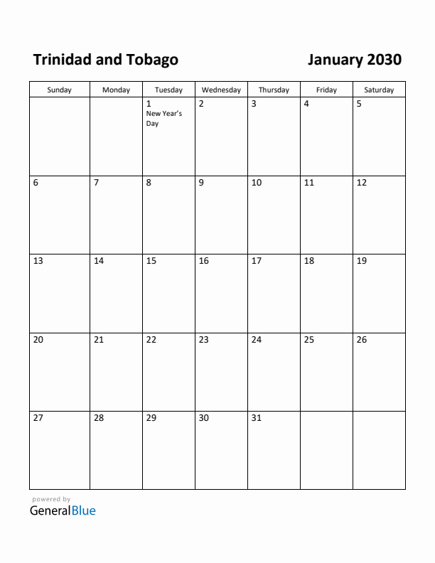 January 2030 Calendar with Trinidad and Tobago Holidays