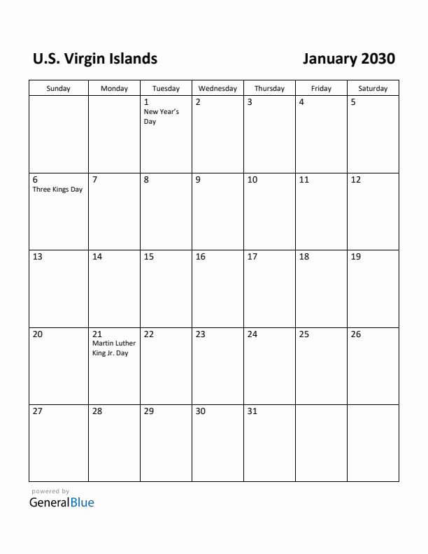 January 2030 Calendar with U.S. Virgin Islands Holidays