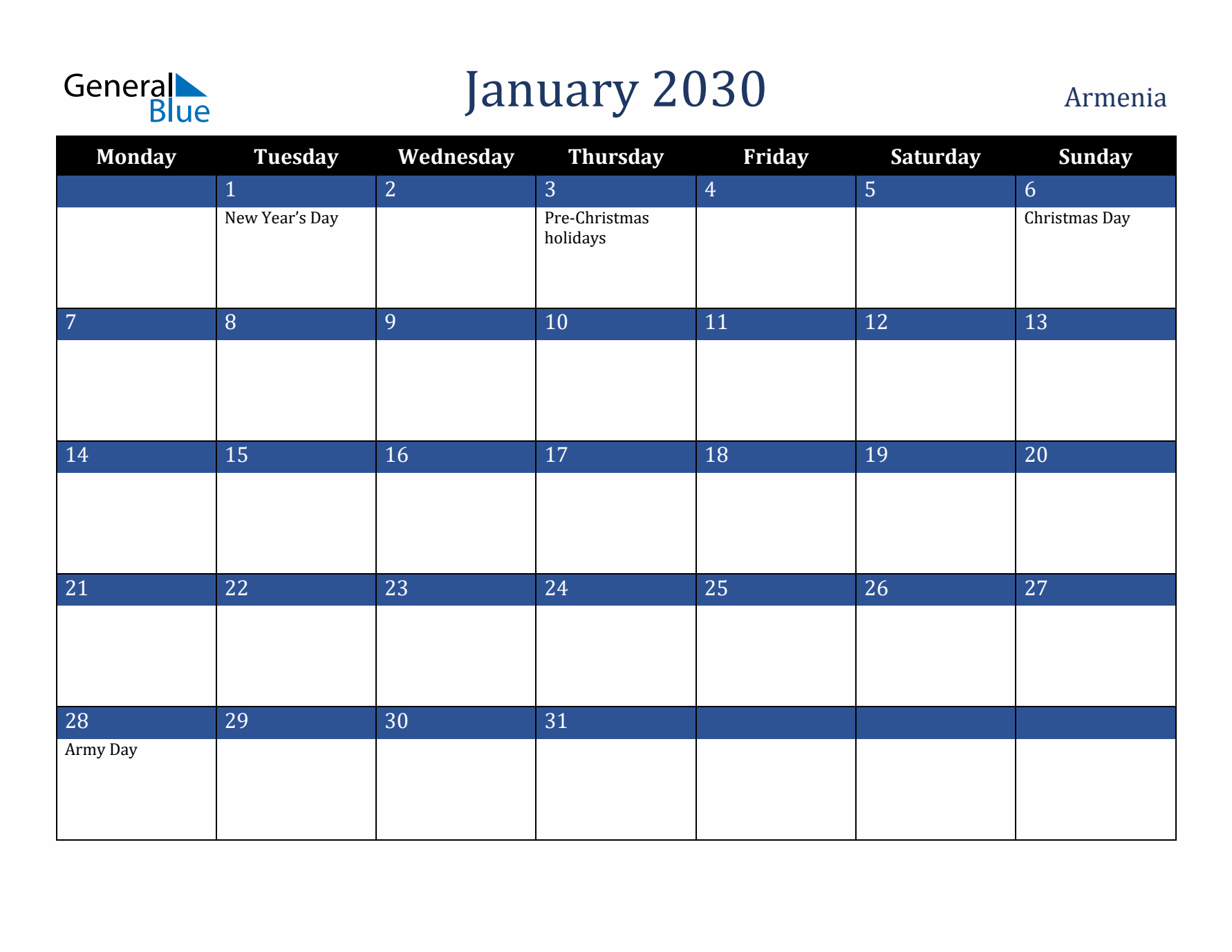 January 2030 Armenia Calendar (Monday Start)