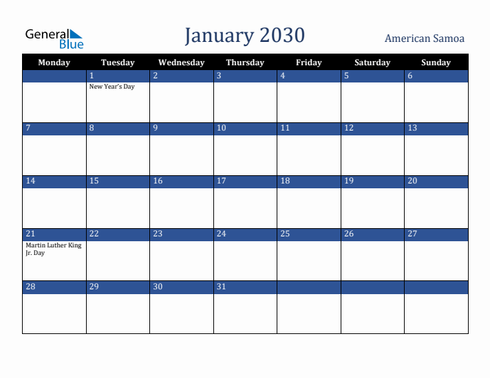January 2030 American Samoa Calendar (Monday Start)